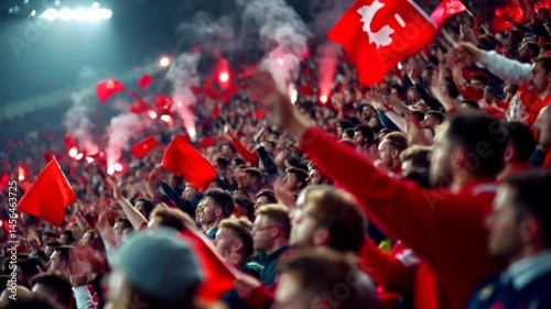 Football fans supporting and cheering for their teams in the stadium on night