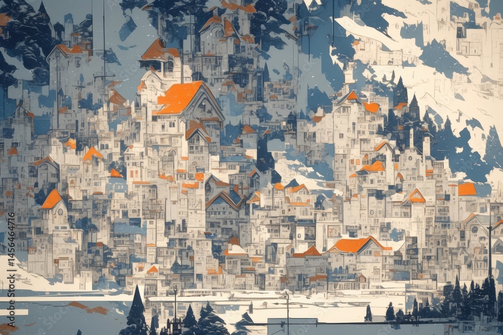 Fototapeta premium Snow-covered town nestled beneath snowy mountains, warm-toned roofs shining
