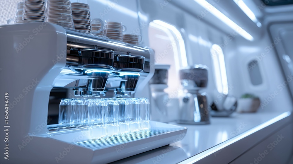 Coffee machine and grinder on counter in futuristic bright interior with windows. Coffee machine and grinder on counter in futuristic bright interior with windows.