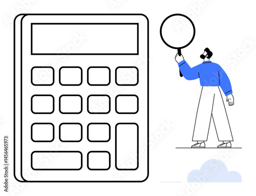 Oversized calculator with man holding a magnifying glass for analysis. Ideal for finance, data, auditing, education, problem-solving, research, budgeting, simple landing page