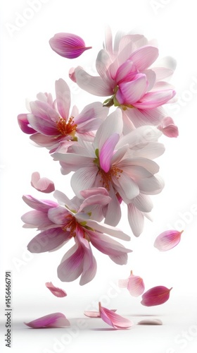 Delicate pink and white magnolia flowers gracefully floating against a white background