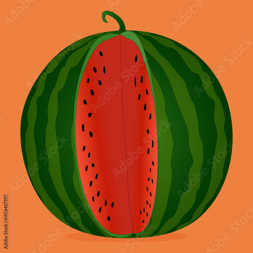 Refreshing vector illustration of watermelon with cut out slice showing its juicy red flesh and black seeds on warm orange background. Yummy juicy summer berry. Ideal for Summertime and food designs.