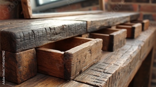 Diy vanity table crafted reclaimed beams and old drawers featuring rustic charm and sustainable reuse