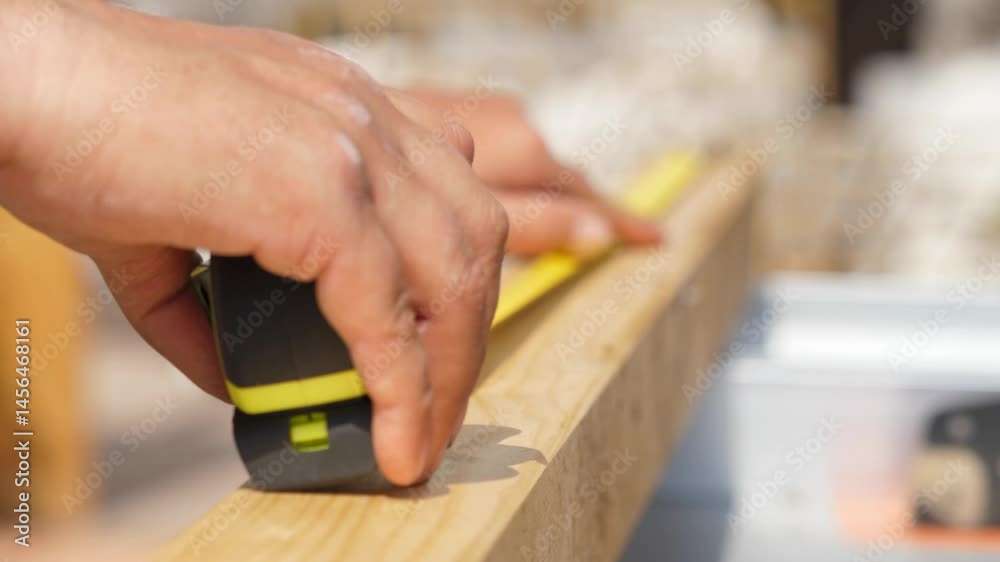 A man checks the dimensions of a wooden structure with a metal measuring tape to ensure proper alignment before continuing work.