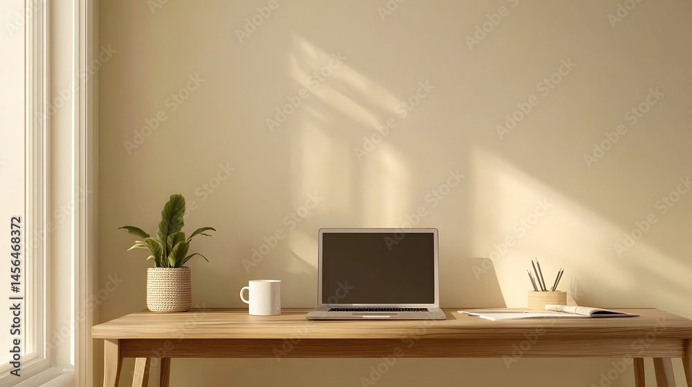 Fototapeta premium Simple, sunlit workspace on a light wooden desk.