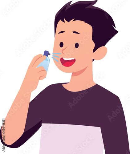 Boy uses an inhaler, mouth freshener, oral hygiene, throat spray, vector Asthma, Allergy, FLU disease aerosol treatment