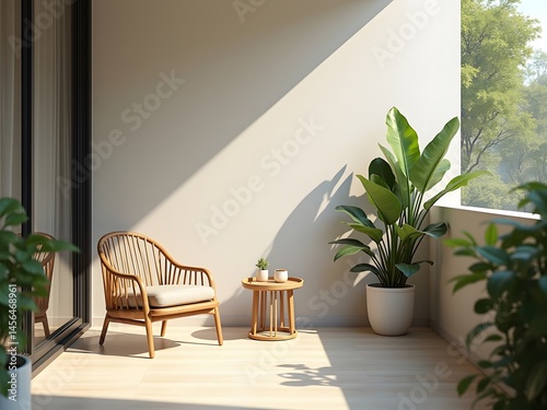 Minimalistic Balcony with Chair, Table, and Plants – Peaceful Outdoor Space with Natural Light and Modern Design