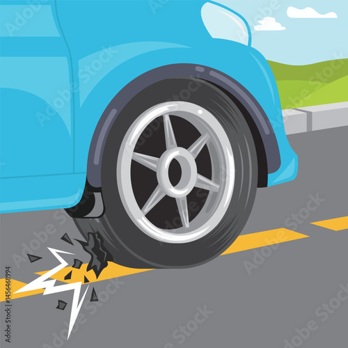 Car tire burst on highway cartoon vector element design