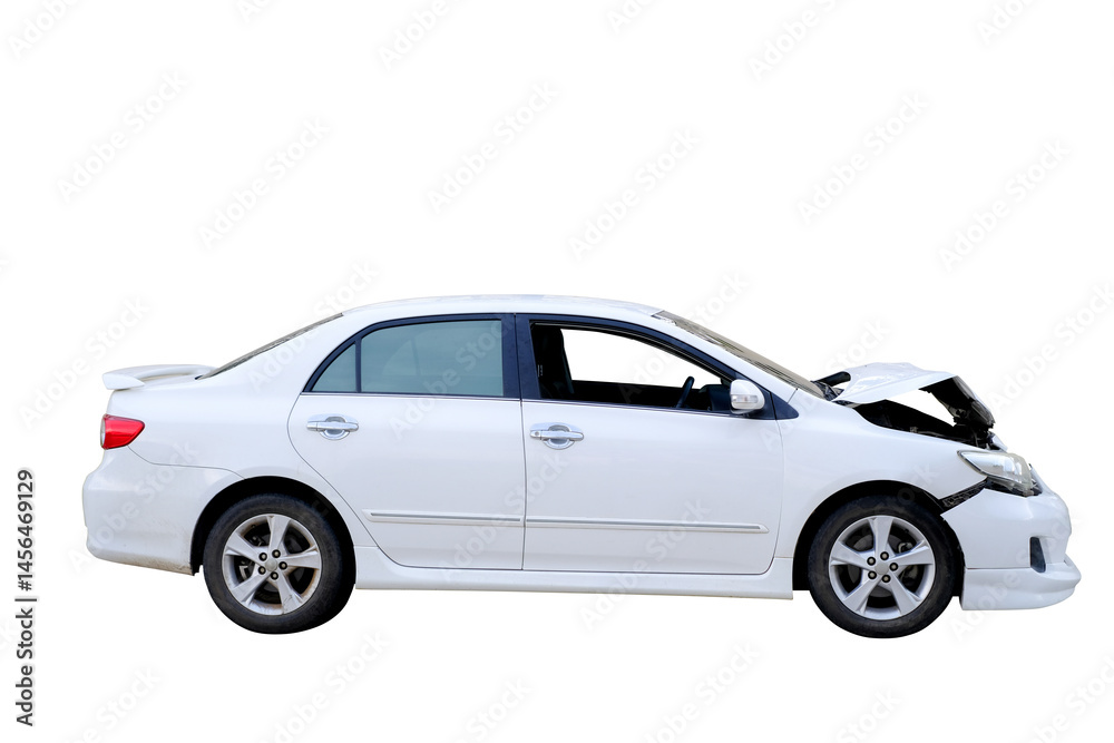 Car crash, Side view of white sedan car get damaged by accident on the road. damaged cars after collision. isolated on transparent background, car crash bumper for graphic design, PNG File Car crash, Side view of white sedan car get damaged by accident on the road. damaged cars after collision. isolated on transparent background, car crash bumper for graphic design, PNG File
