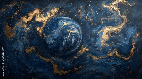 Abstract representation of earth within a swirling, marbled design.