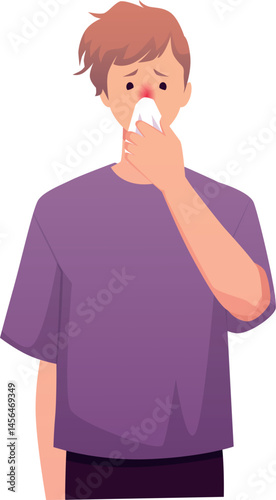 Sad young man with respiratory disease, nasal congestion and difficulty breathing.