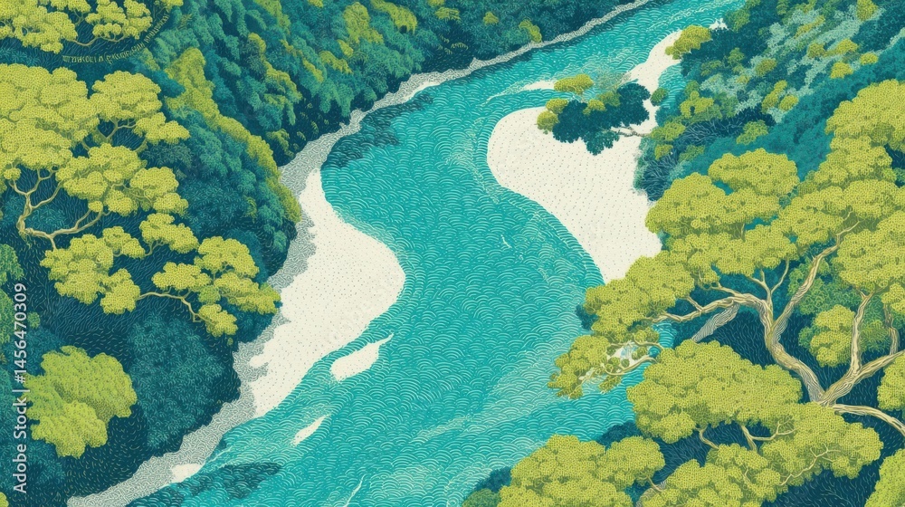 Aerial View of Serene River Winding Through Lush Green Forest Aerial View of Serene River Winding Through Lush Green Forest
