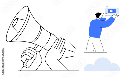 Hand holding megaphone for promotion, person carrying digital media file over cloud. Ideal for marketing, advertising, social media, branding, content creation, online campaigns, simple landing page