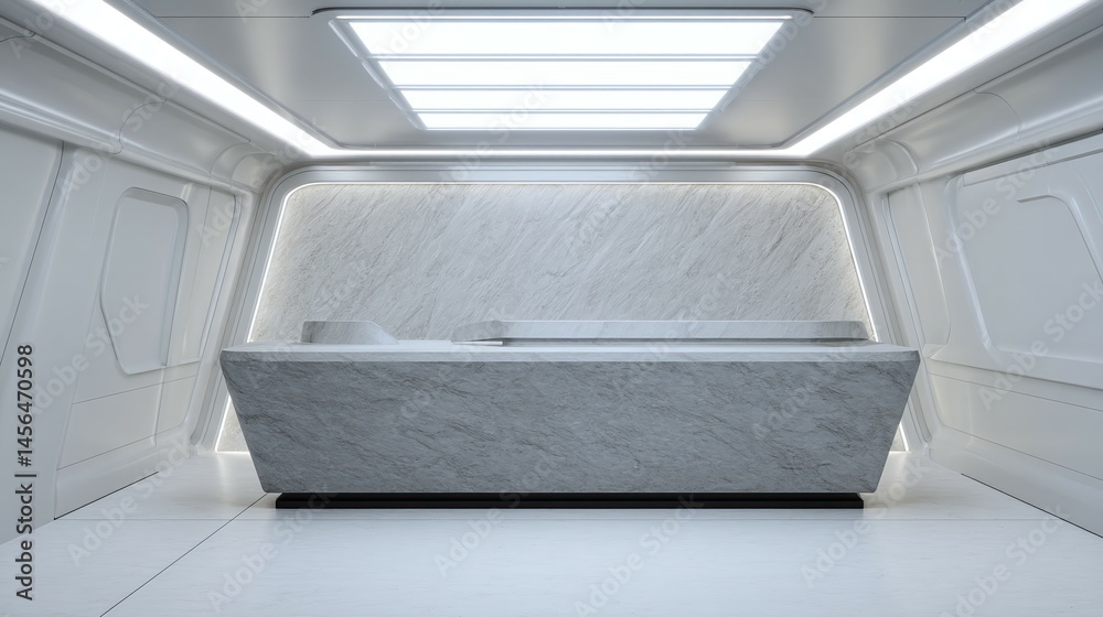 Fototapeta premium Futuristic white room with a stone platform or bed illuminated by ceiling lights.