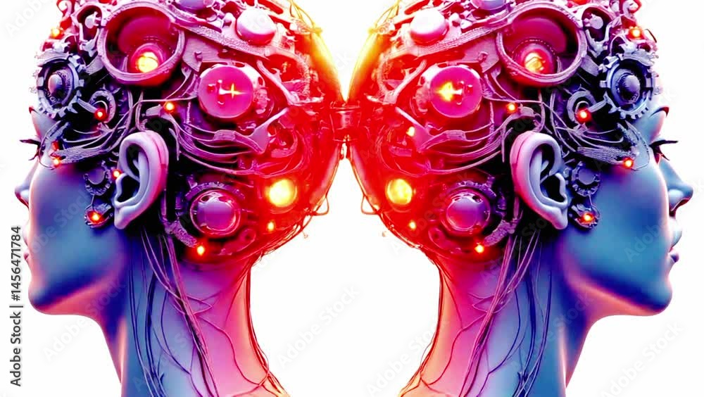 Mechanical machinery settings in the human brain. Head, brain illuminated, neural connections, medical healthcare concept.