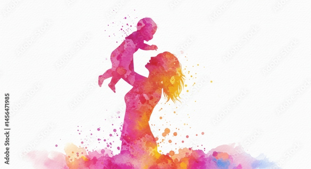 Fototapeta premium Watercolor Mother and Baby Silhouette, Embracing the Beauty of Motherhood