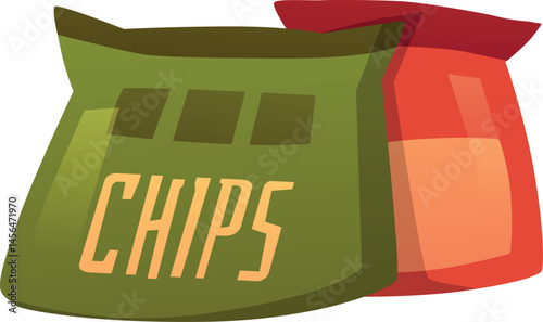 Potato chips snack in plastic bags packaging vector flat illustration, unhealthy fat fast food, eating disorder concept