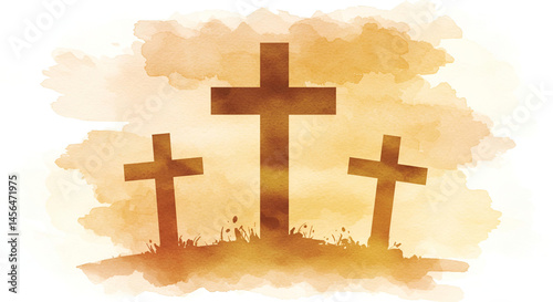 Water color art of three crosses at the top of the hill vintage background . Religion and faith theme . 
