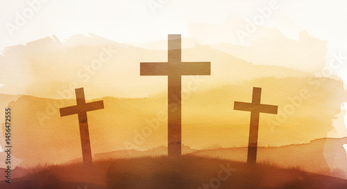 Water color art of three crosses in the top of the hill . vintage background . Religion and faith theme . 