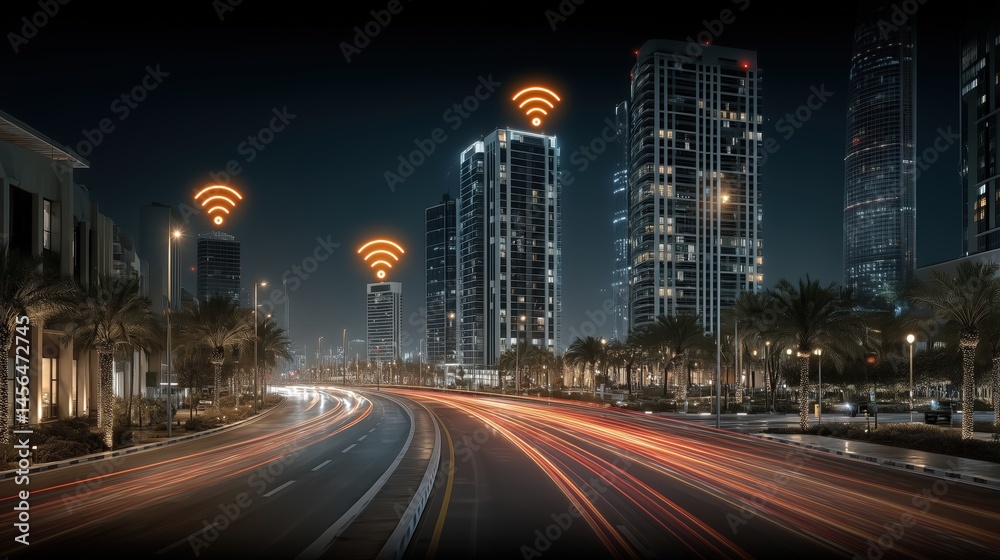 Obraz premium City skyline at night with illuminated wireless signals over buildings.