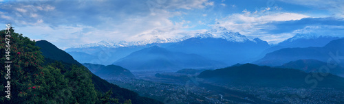 Panorama of Himalayas with Annapurna and Fishtail mountain peaks, Pokhara Nepal