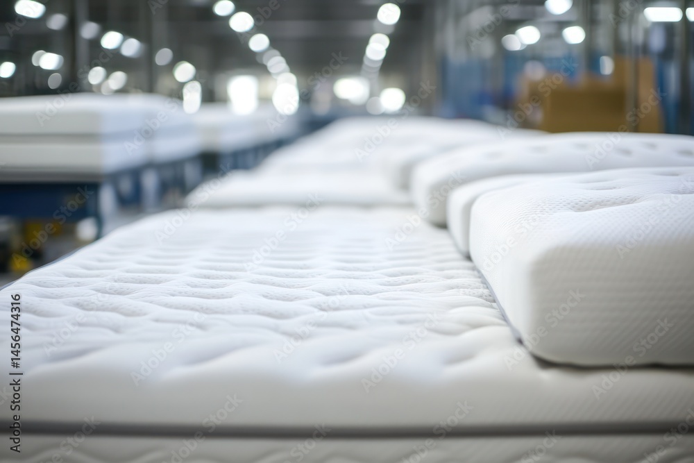 Fototapeta premium Mattress factory production line with rows of beds