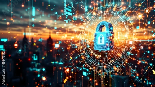 Cybersecurity Fortress: A captivating digital illustration showcases a robust padlock symbol, acting as a virtual guardian, set against the backdrop of a sprawling cityscape.