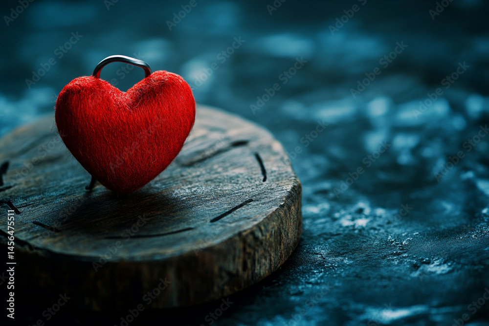 Fototapeta premium Red heart shaped lock on rustic wooden surface dark background