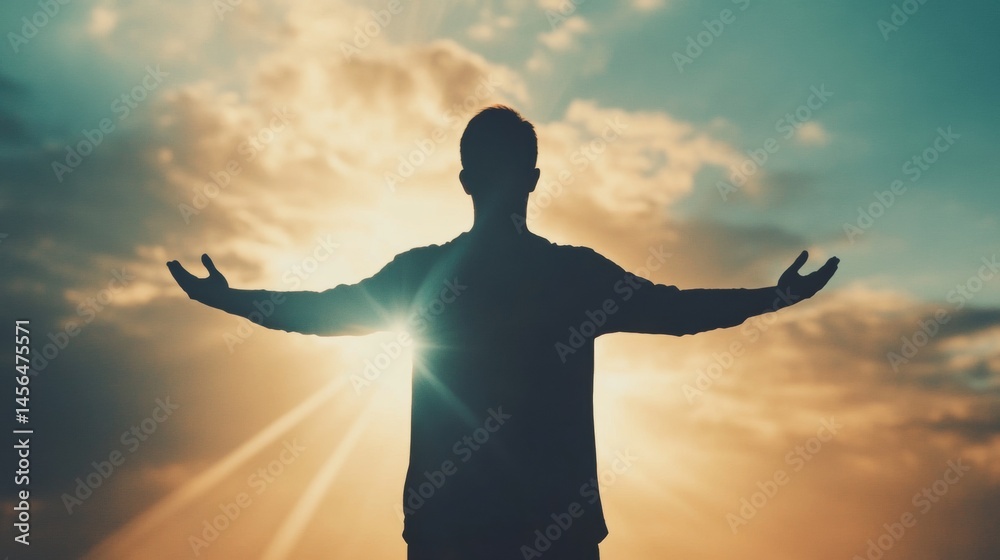 Fototapeta premium A person stands with arms wide open against a stunning sunset, expressing joy and appreciation as rays of light pierce through clouds
