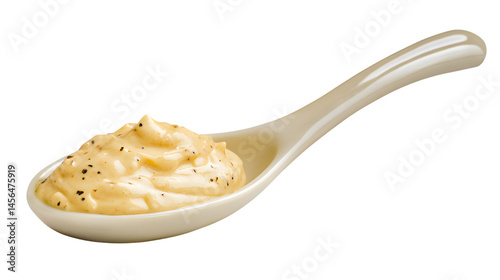 Spoon of Mayonnaise Isolated on White Background - Culinary Condiment Stock Photo