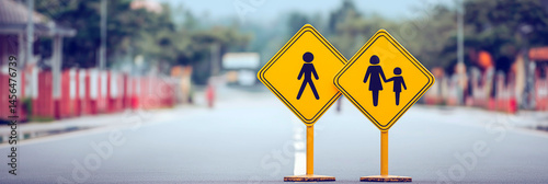 Two yellow pedestrian crossing signs on a quiet street with blurred background, indicating caution for people and children crossing photo
