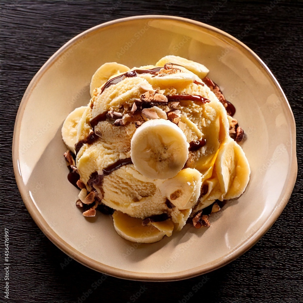 Delicious Banana Split, ice cream scoops with chocolate syrup topping waffle bowl and banana slices Delicious Banana Split, ice cream scoops with chocolate syrup topping waffle bowl and banana slices