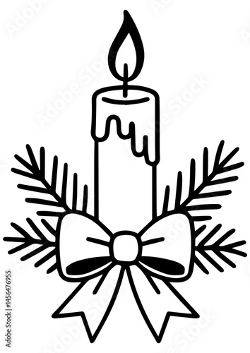 Black and white vector of a candle with fir branches and ribbon. Ideal for engraving, logos, prints, and festive illustration projects