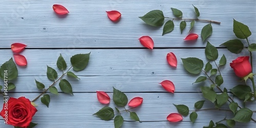 Romantic Rose Arrangement: Two vibrant red roses and scattered petals with lush green leaves create a romantic and elegant arrangement on a rustic light blue wooden surface.