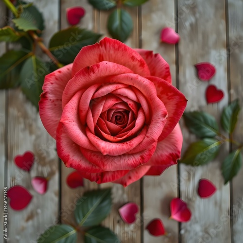 Crimson Bloom's Gentle Embrace: A captivating top-down perspective unveils a stunning rose, its intricate petals unfurling in a mesmerizing display.