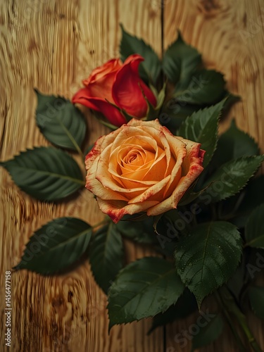 Blooming Roses on Wooden Surface: A vibrant duo of roses, one in fiery red and the other in a soft apricot hue, sits elegantly against a textured wood backdrop. Surrounded by lush green leaves.