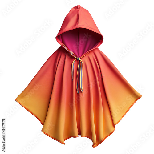 Orange and pink ombre hooded cape. A stylish and cozy garment perfect for autumn or winter. The vibrant colors create a warm and inviting feel.