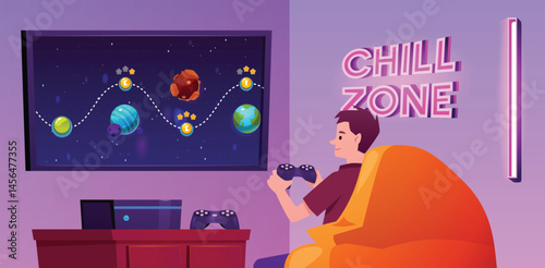 Teenage boy with joystick plays computer game space arcade, play station video games console vector flat illustration