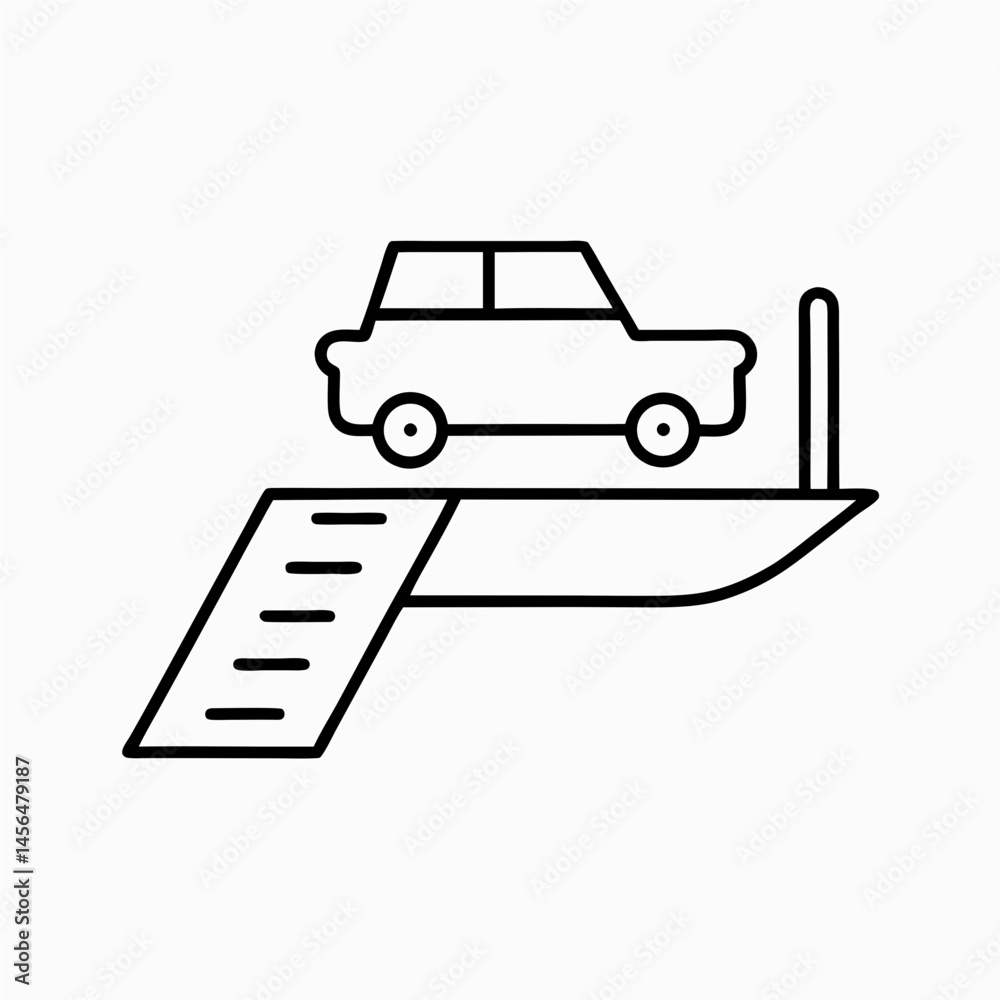 Obraz premium Minimalist icon of ferryboat with car and ramp for nautical transport design with copy space.