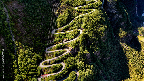 stunning beauty of Norway with a winding road carved through dense forests on a steep mountain. This picturesque route invites adventure seekers and nature lovers alike. Lysefjord, Norway, 