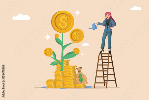 Businesswoman on a Ladder Watering a Plant with Dollar Coin Flowers and Percentage Sign Fruits Growing from Stacks of Money.
