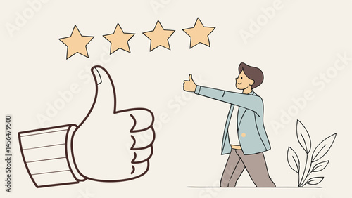 Best star rating, high quality product or good quality service, excellence customer feedback, user experience or five stars ranking concept, young business owner with big thumb up and 5 stars rating.