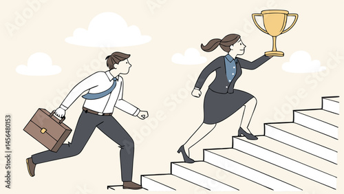 Business competition, employee motivation to success, rivalry or conflict, contest or challenge to achieve target, effort concept, businessman and businesswoman walk up stair compete to win trophy.