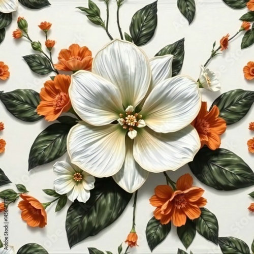 Elegant White and Orange Floral Pattern 3D Embossed Flower Design