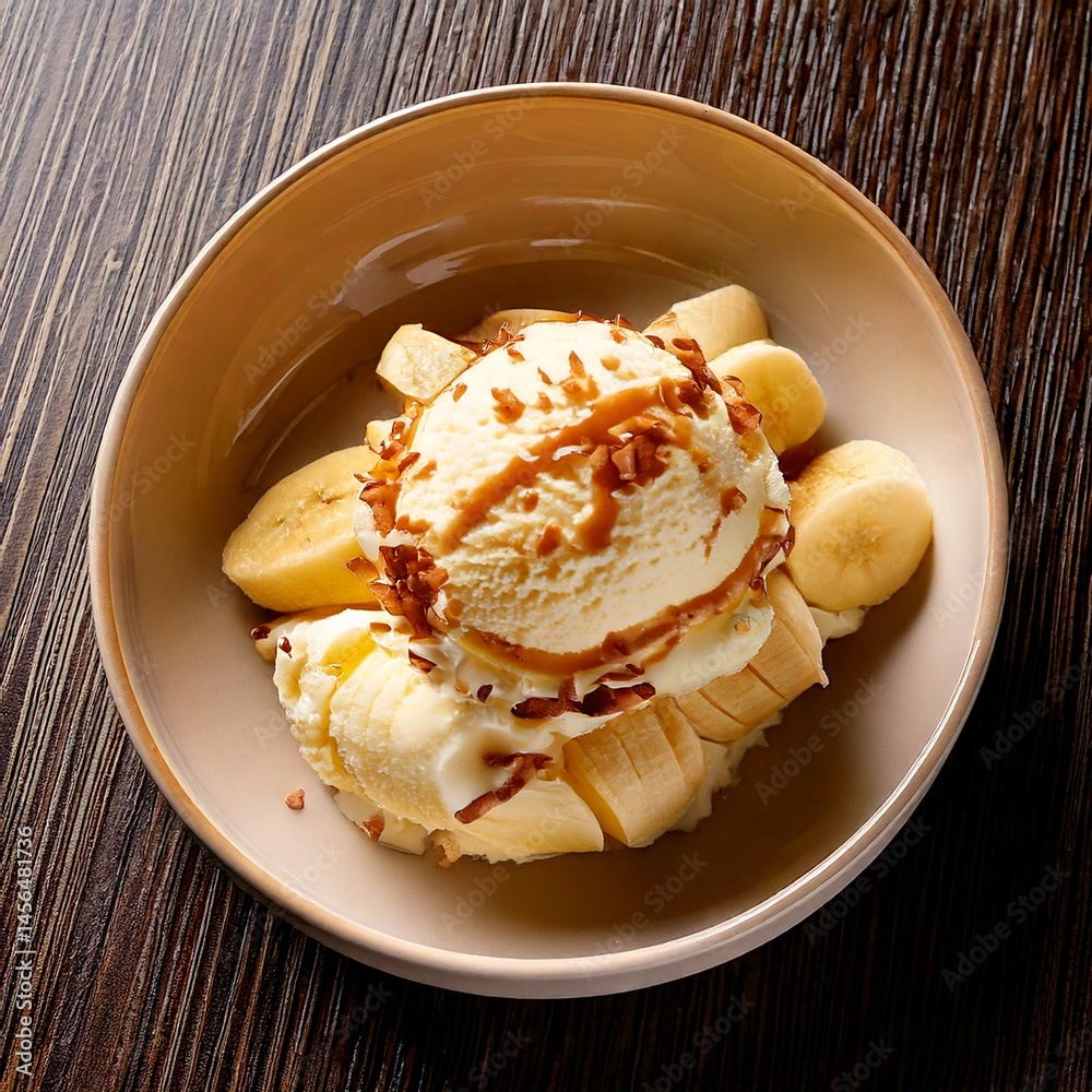 Delicious Banana Split, ice cream scoops with chocolate syrup topping waffle bowl and banana slices Delicious Banana Split, ice cream scoops with chocolate syrup topping waffle bowl and banana slices