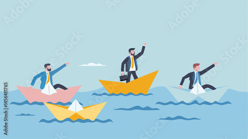 Businessmen navigate stormy waters in paper boats striving for success facing challenges teamwork