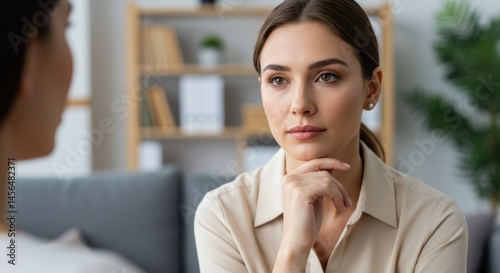 Young caucasian female listening intently during a conversation.