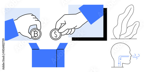 Two hands hold coins marked with Bitcoin and Dollar, placing them into a shared box. Complementary graphics include breathing human face profile and botanical element. Ideal for cryptocurrency