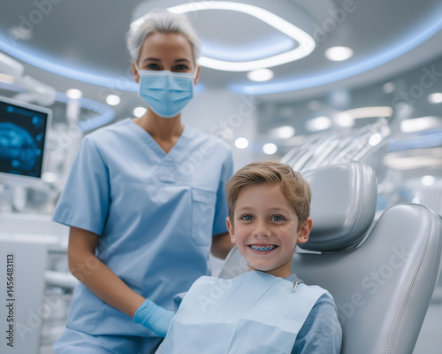 doctor with little patient in dental clinic