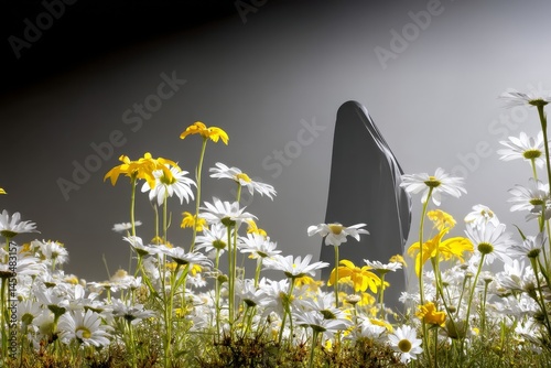 This stock image showcases a unique combination of wild flowers, ethereal spectral magic ghost, and surreal minimalism, characterized by a grainy aesthetic commonly found in album cover art